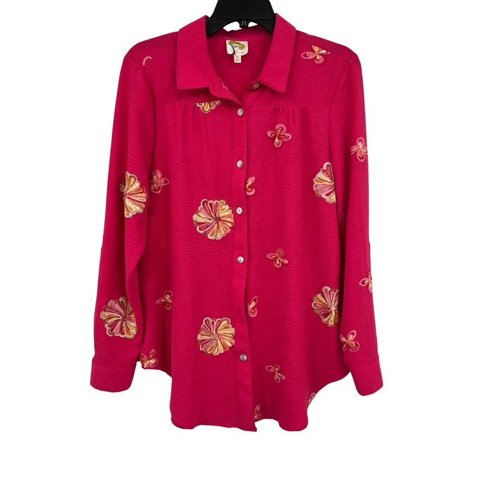 Anthropologie Fig and‎ Flower Magenta Pink Floral Butterfly Embroidered Shirt S